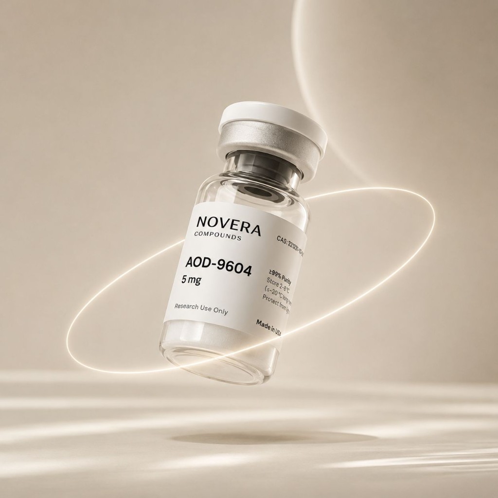 Novera AOD-9604 peptide vial illuminated against a neutral backdrop