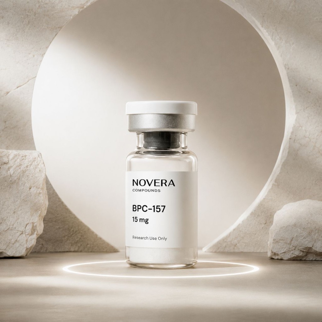 Novera BPC-157 peptide vial with sculptural backdrop