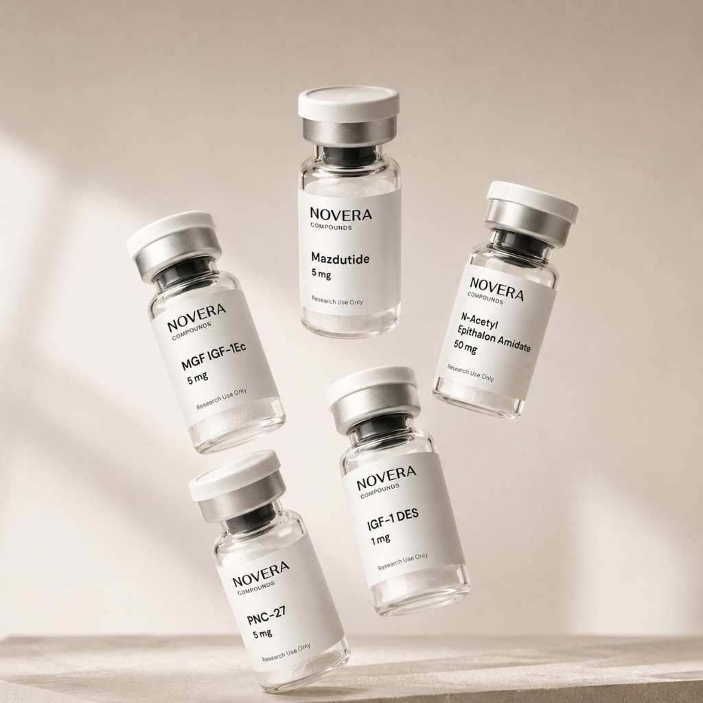 Selection of Novera peptide vials including Mazdutide, MGF, N-Acetyl Epithalon, IGF-1 DES, and PNC-27