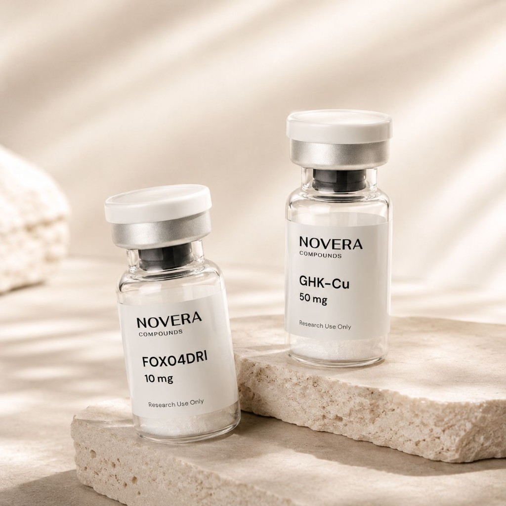 Novera FOXO4-DRI and GHK-Cu peptide vials on a natural stone surface