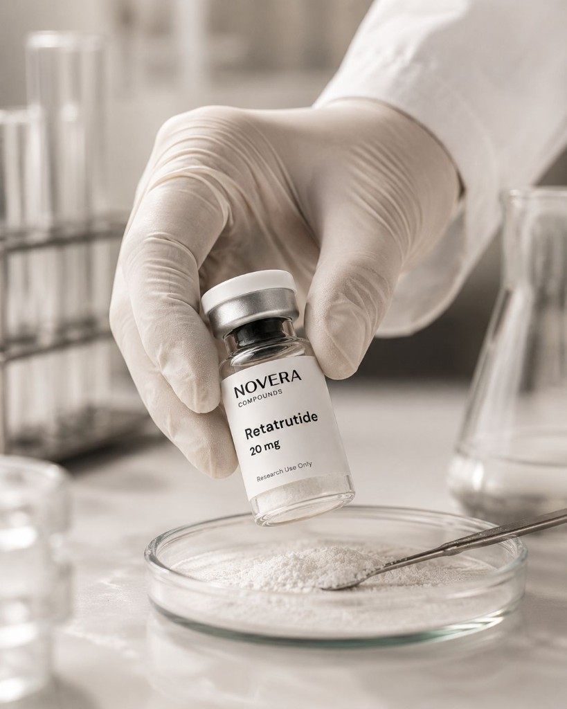 Researcher holding a Novera Retatrutide vial in a laboratory